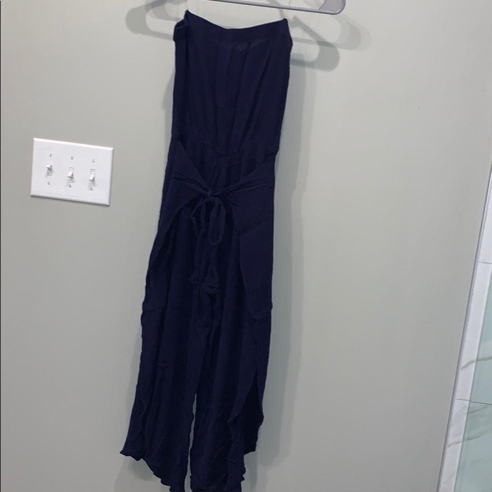 navy strapless cropped romper